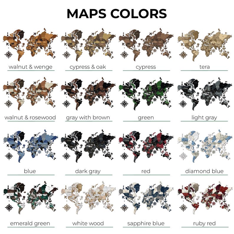 May include: A collection of wooden world map wall art in various colors, including walnut, cypress, blue, and red. Each map features a compass rose design and country names. The text "MAPS COLORS" is at the top.