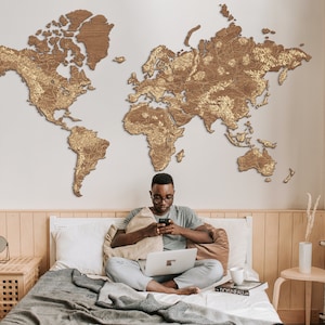 Grande mappa del mondo con puntine da disegno, decorazione della stanza per adolescenti, mappa da parete per la camera da letto degli adolescenti, mappa del mondo in legno