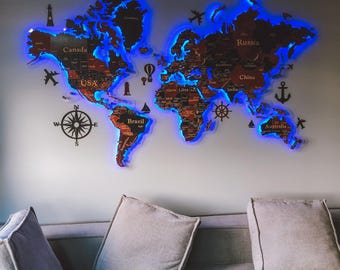 Mapa del mundo LED 3D, mapa con chinchetas, regalo familiar, mapa retroiluminado 3D, mapa de viaje de madera, mapa del mundo iluminado