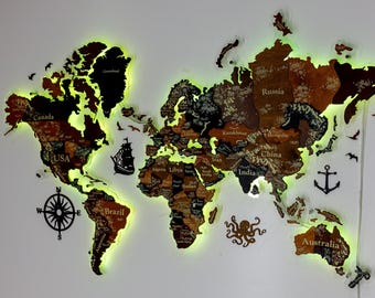 LED World Map, Wooden World Map Wall Decor, Wood Map, Wall Art Decor, Wooden World Map, 3D World Map, Wooden World Map With LED