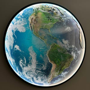 May include: A round, illuminated Earth globe with a black frame. The globe features detailed landmasses in green and brown, oceans in blue, and white cloud formations. The globe is lit from within, creating a bright, eye-catching display.