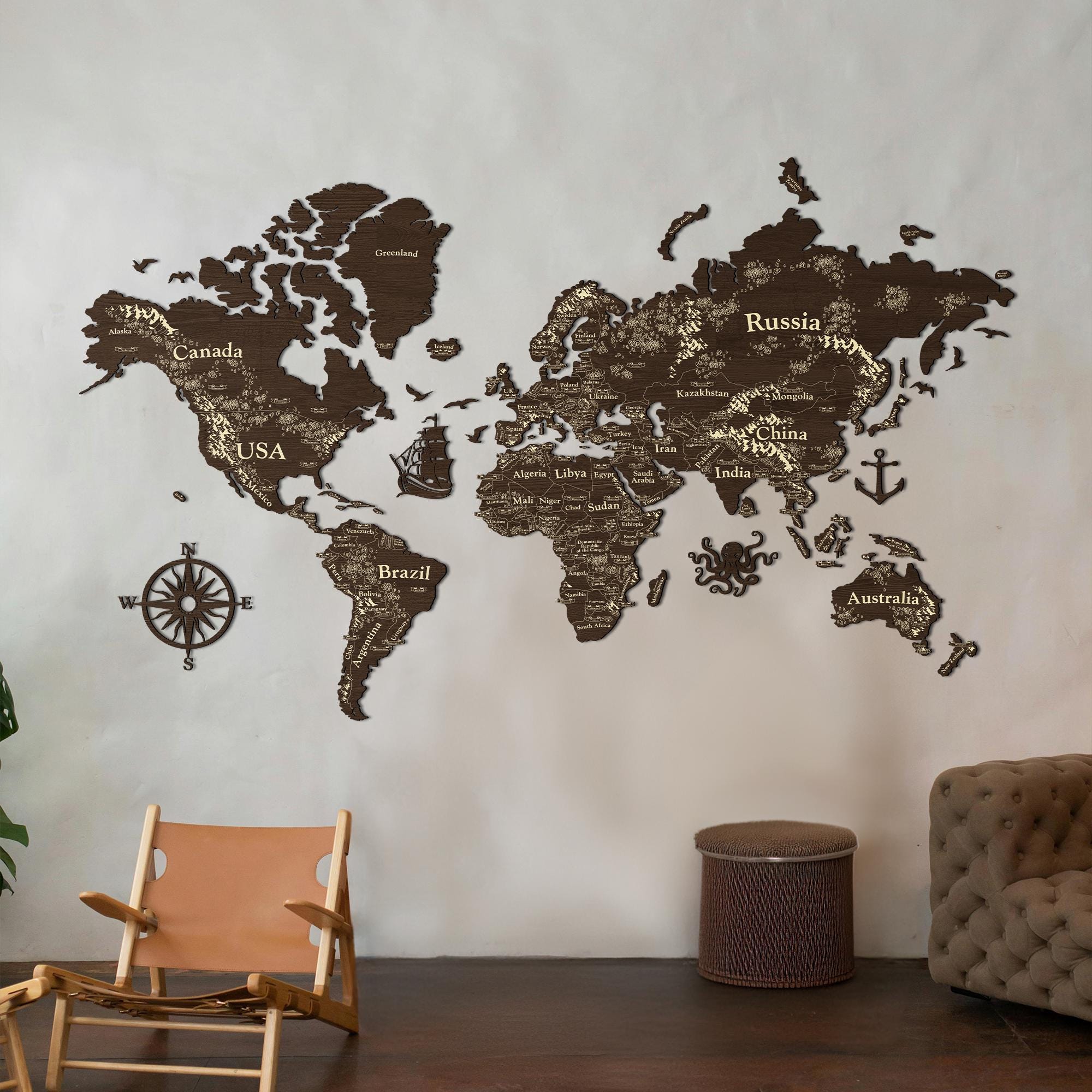 Segnaposto Per Mappa Del Mundo In Legno - In Pelle Cioccolato, 15 Pezzi, Con Nastro Adesivo - Foto 2