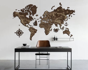 World Wall Map With Etched Names of Countries, World Travel Map, Wood World Map With Push Pins, Housewarming Gift, Anniversary Gift