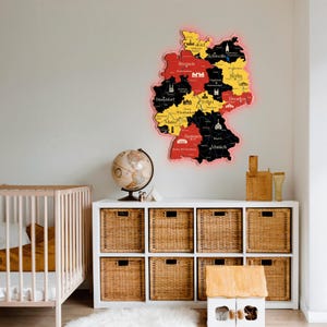 Mapa Led Deutschland, Mapa de madera 3D de Alemania, Deutschlandkarte, Mapa de arte de pared de madera de neón