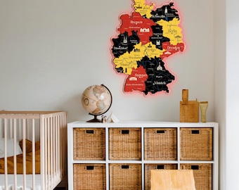 Led Deutschland Map, 3D Wooden Map Of Germany, Deutschlandkarte, Neon Wooden Wall Art Map