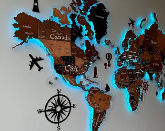 3D Map Of The World With LED Lighting, 3D Wood Family Travel Map, Push Pin Wall Light Map, 10th Anniversary Gift