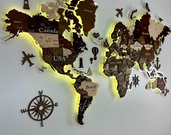 3D世界地図ウォールライト、世界地図プッシュピン（大）、3D世界地図LED、LED照明付き世界地図、世界地図プッシュピン、LED世界地図