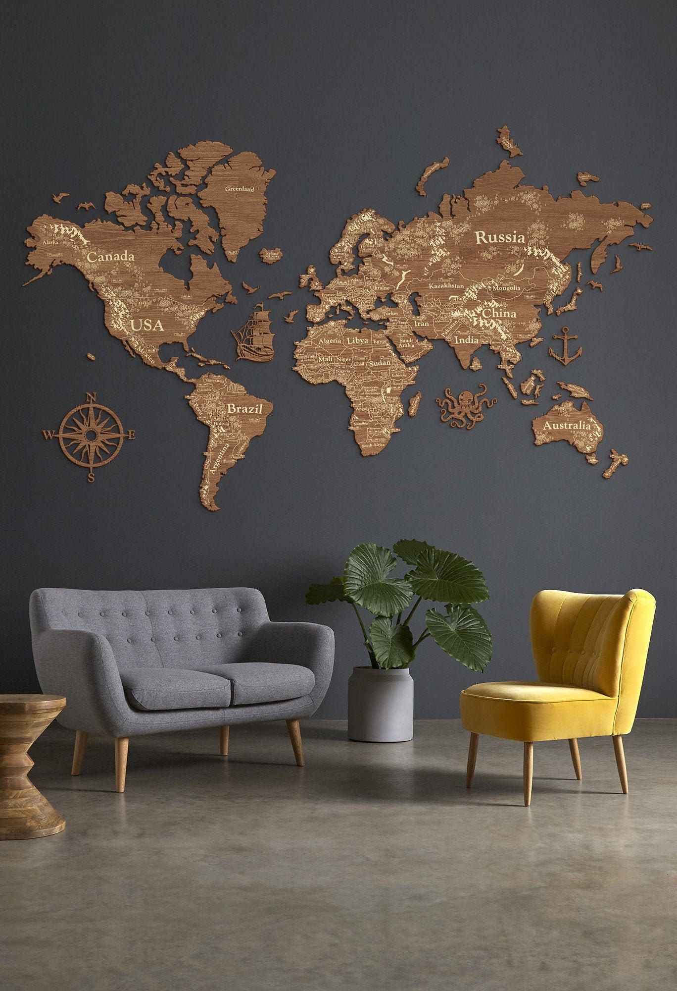 Wooden Push Pin World Map, Black Wooden World Travel Map, Black