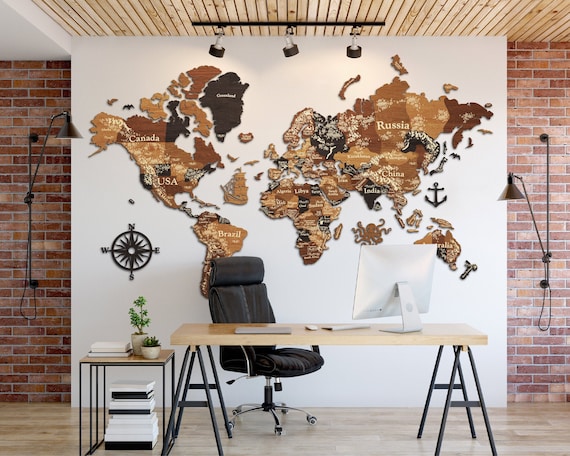 3D Wooden World Map Space