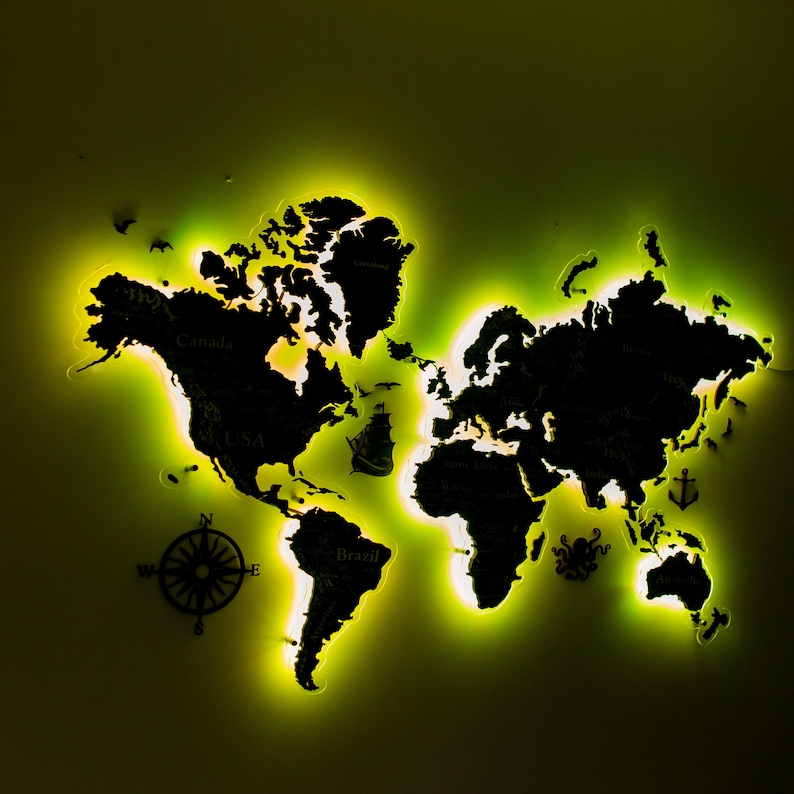 Led World Map Illuminated, Led World Map and Flag Push Pins, Led ...