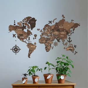 Houten 3D-kaart van de wereld, rustieke punaise, 3D-kaart om reizen te markeren met houten markeringen, poster wereldkaart, houten decor wereldkaart