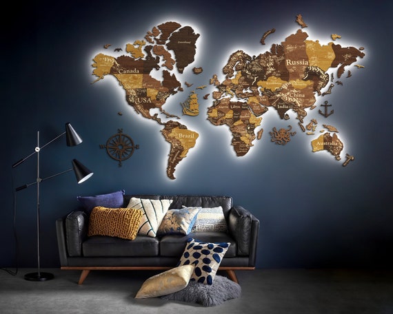 Carte du monde en bois art mural, carte du monde push pin, carte de voyage  Puzzle