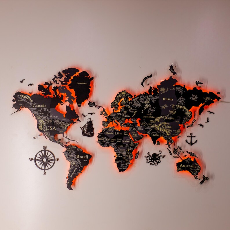 Led World Map Illuminated, Led World Map and Flag Push Pins, Led ...
