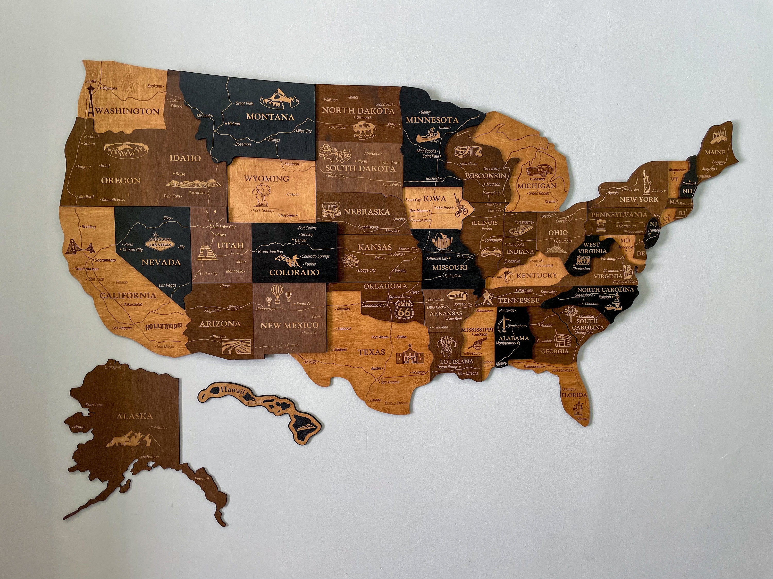 Push Pin US Map, Wooden 3D USA Map With Famous Landmarks, Wooden Wall ...