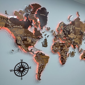 Mapa świata 3D LED, różowa neonowa mapa ścienna, drewniana mapa świata 3D niebieska, prezent na 10. rocznicę, drewniana mapa ścienna, prezent rodzinny
