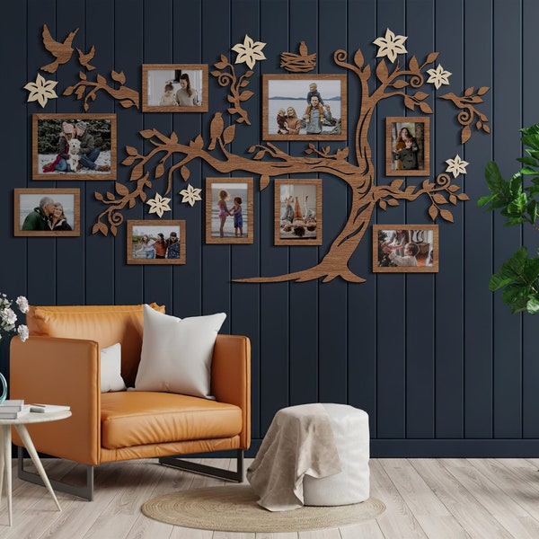 Arte del árbol genealógico, árbol genealógico de madera con marcos de fotos, pegatina de pared del árbol de la vida grande, marcos de fotos de collage, collage de fotos de abuelos