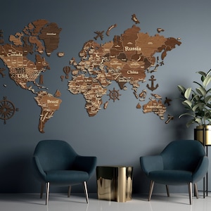 3D-kaart om reizen te markeren met houten pinnen, 3D houten wereldkaart, grote familie punaise, kaart van de wereld houten sticker