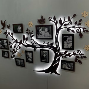 Led Family Tree With Wooden Photo Frames, Wall Light Decor, Wooden Tree Of Life, New Home Gift