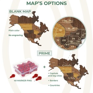 May include: Wooden map of North America with options for blank, prime, and a detailed version with capitals, borders, and countries. Includes a box of 40 red marker pins for marking locations.
