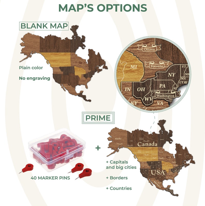 May include: Wooden map of North America with options for blank, prime, and a detailed version with capitals, borders, and countries. Includes a box of 40 red marker pins for marking locations.