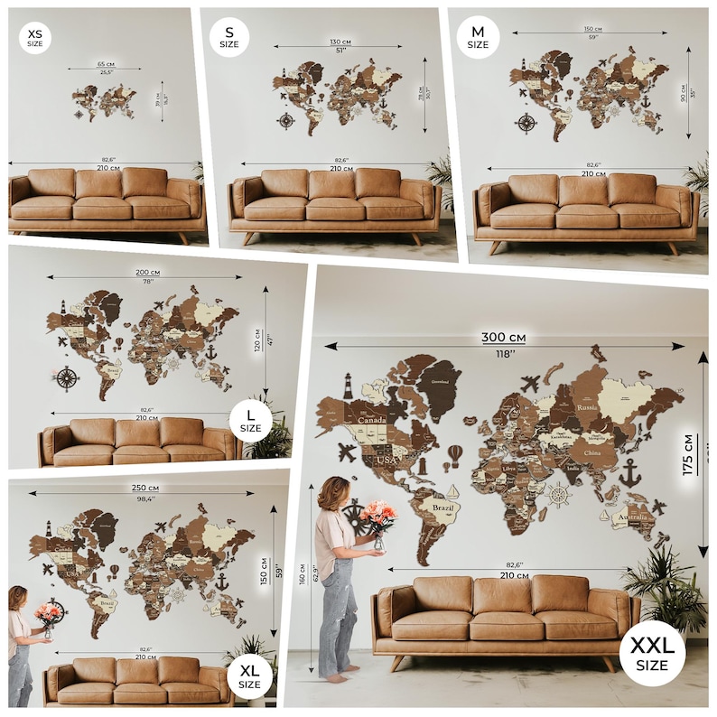 May include: Wooden world map wall art in various sizes, from XS to XXL. The maps are made of different shades of brown wood and include country outlines, compasses, and anchors. The maps are displayed above brown sofas.