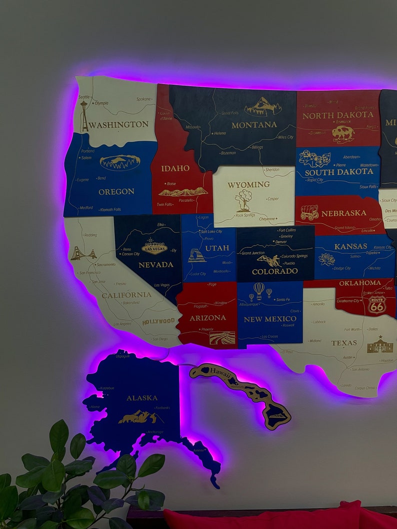 Rgb Led US Map 3D LED Map of United States Wooden Push Pin Etsy