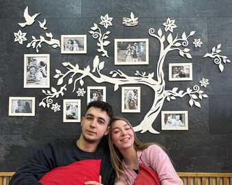 Custom Family Tree With Photo Frames, Custom Wooden Tree Wall Sticker, Personalized Photo Frames Tree, Wood Family Tree Wall Art