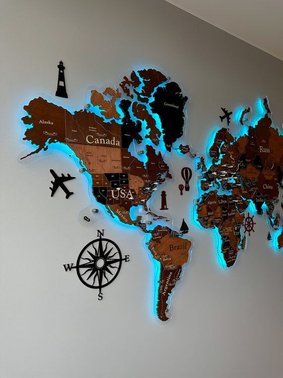 3D Map of the World With LED Lighting, 3D Wood Family Travel Map, Push Pin  Wall Light Map, 10th Anniversary Gift 
