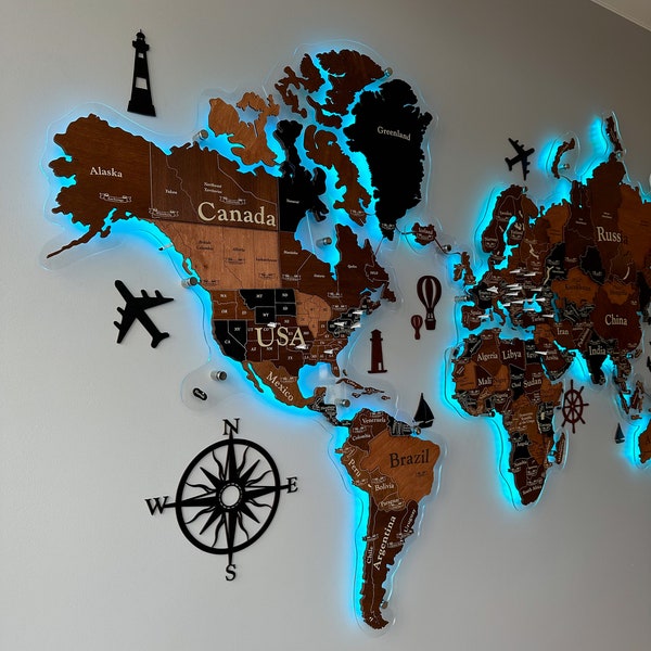 Mappa 3D del mondo con illuminazione a LED, mappa di viaggio per famiglie in legno 3D, mappa luminosa da parete con puntine, regalo per il 10° anniversario