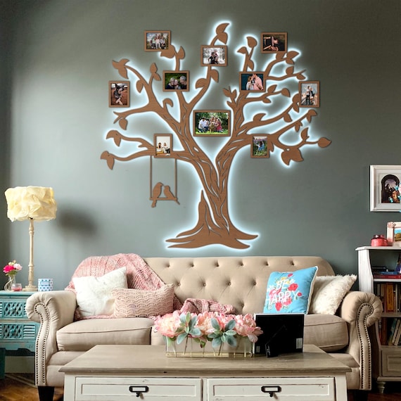 Grand arbre de vie en bois avec cadres photo et éclairage LED, arbre  généalogique LED, collage de photos de famille, décoration murale LED -   Canada