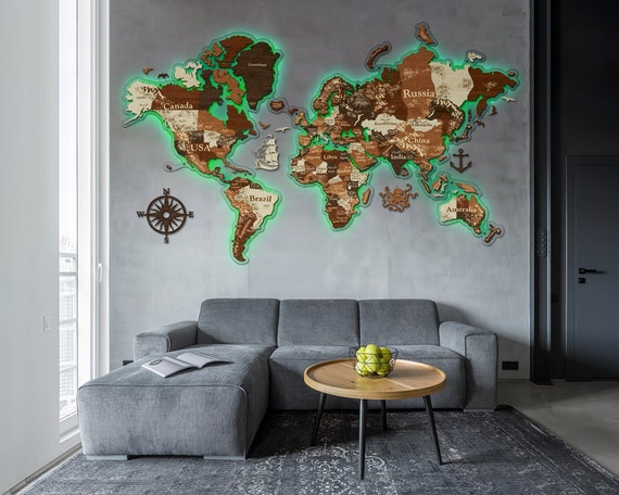 Grande mappa del mondo in legno 3D con luci a LED, mappa da parete