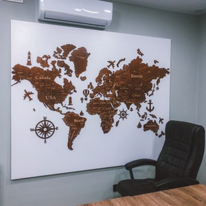 Große Weltkarte Wandkunst, Holz Weltkarte mit gravierten Ländern, Pinnwand Reisekarte, Geschenk für Chef, Konferenzraum Wand Dekoration