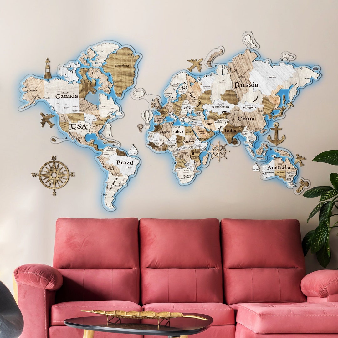 Led Map of the World for Wall, Family Travel Map, 3D Map With Push Pins