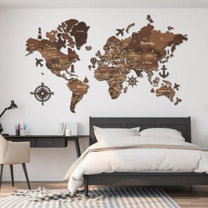 3D houten wereldkaarten, houten kaart van de wereld, punaise wereldreiskaart, cadeau wereldreiziger, wereldkaart met punaises, 3D wereldkaart