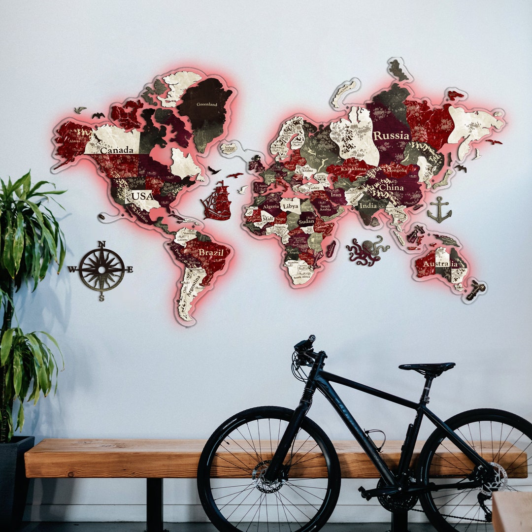 Illuminated World Map, 3D LED Wooden Map of the World, Wall Map Art