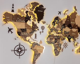 Mappa del mondo 3D in legno da appendere al muro con illuminazione a LED, mappa da viaggio con puntine.