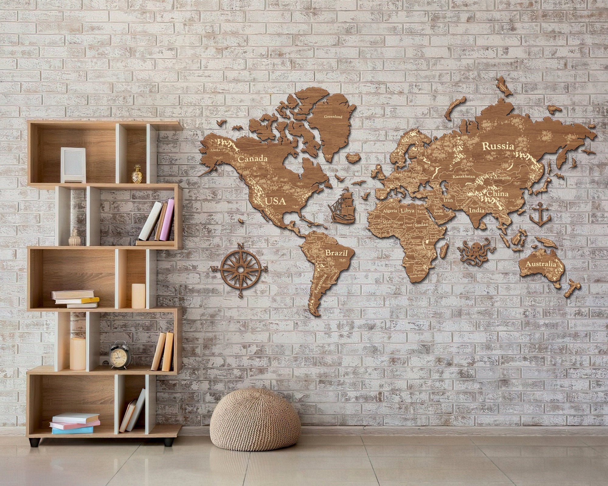 Map of the World, Wooden Wall Art for Living Room, Hall, Kids