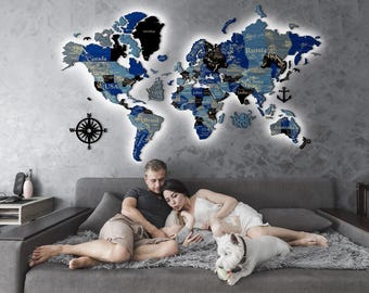 Mappa del mondo 3D LED RGB, mappa da parete al neon, mappa del mondo 3D in legno, regalo di anniversario per i genitori, mappa da parete in legno, regalo di famiglia