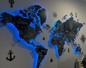 Arte della mappa da parete 3D a LED, arte della parete a LED, decorazione dell'appartamento, mappa del mondo con illuminazione a LED, mappa del mondo illuminata