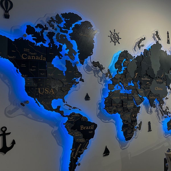 Led 3D Wandkarte Kunst, Led Wandkunst, Wohnung Dekor, Weltkarte mit LED-Beleuchtung, beleuchtete Weltkarte