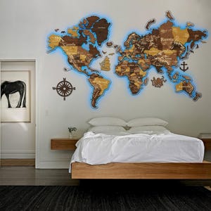 RGB led-muurkaart, 3D houten wandverlichtingskaart, grote houten wereldkaart, cadeau 25-jarig jubileum, wereldkaart klaslokaal
