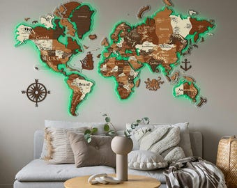 Wooden World Map Wall Decor, Large Wall Art, Gift For Husband, LED Wood Wall Map, Housewarming Gift, Birthday Anniversary, AVAILABLE