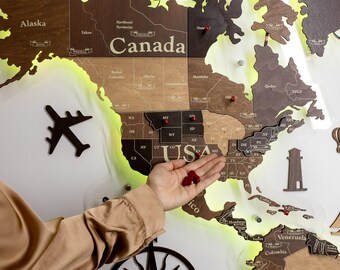 World Map Push Pin, LED World Map, Wooden World Map Wall Decor