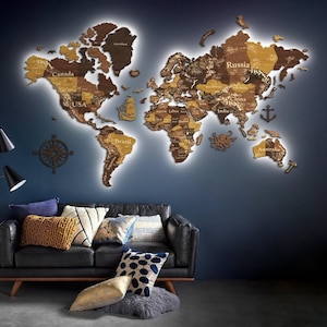RGB LED 3D Wooden World Map, 3D LED Wooden Map Of The World, Boss Anniversary Gift, Neon Map Wall Sign
