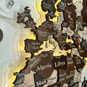 Mapa LED 3D, mapa del mundo de madera con iluminación LED, mapa de viaje familiar de madera 3D, mapa con luz de pared con chinchetas, regalo de 5.º aniversario
