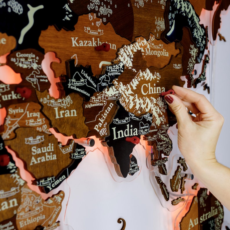 3D World Map With Led, Map of the World, Led Wood Map Wall, Large World ...