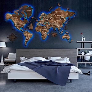 3D LED RGB-kaart van de wereld, neonkaartmuur, 3D houten wereldkaart, muurkaart met licht, verjaardagscadeau ouders, houten muurkaart, familiecadeau