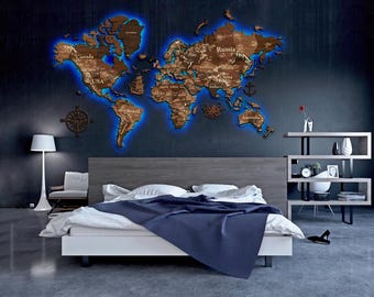 Mapa del mundo 3D LED RGB, mapa de neón para pared, mapa del mundo 3D de madera, mapa de pared con luz, regalo de aniversario para padres, mapa de pared de madera, regalo familiar