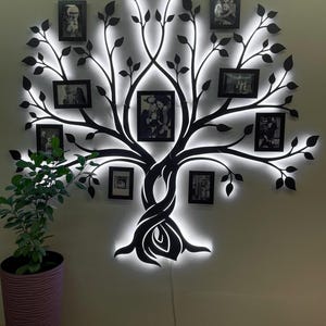 Large Family Photo Collage With Led Light, Wooden Photo Frames, Wood Family Tree, Led Wall Decor