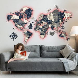 Led-achtergrondverlichtingskaart, 3D-kaart van de wereld met led-verlichting, led 3D-muurkaartkunst, houten wereldkaart, cadeau 10e verjaardag, cadeau voor man